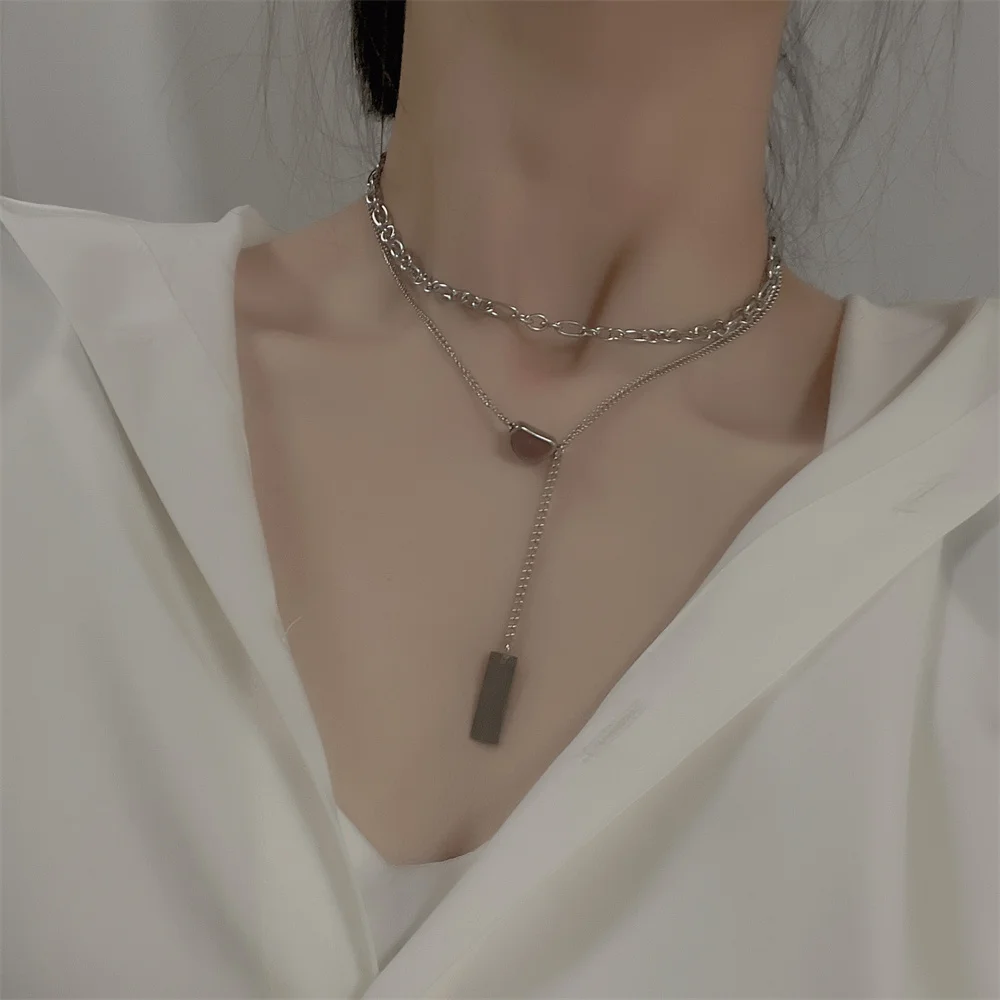 

Coconal Fashion Silver Color Women Double Lentil Necklace Titanium Steel Fashion Square Pendant Necklace Party Gifts Necklace