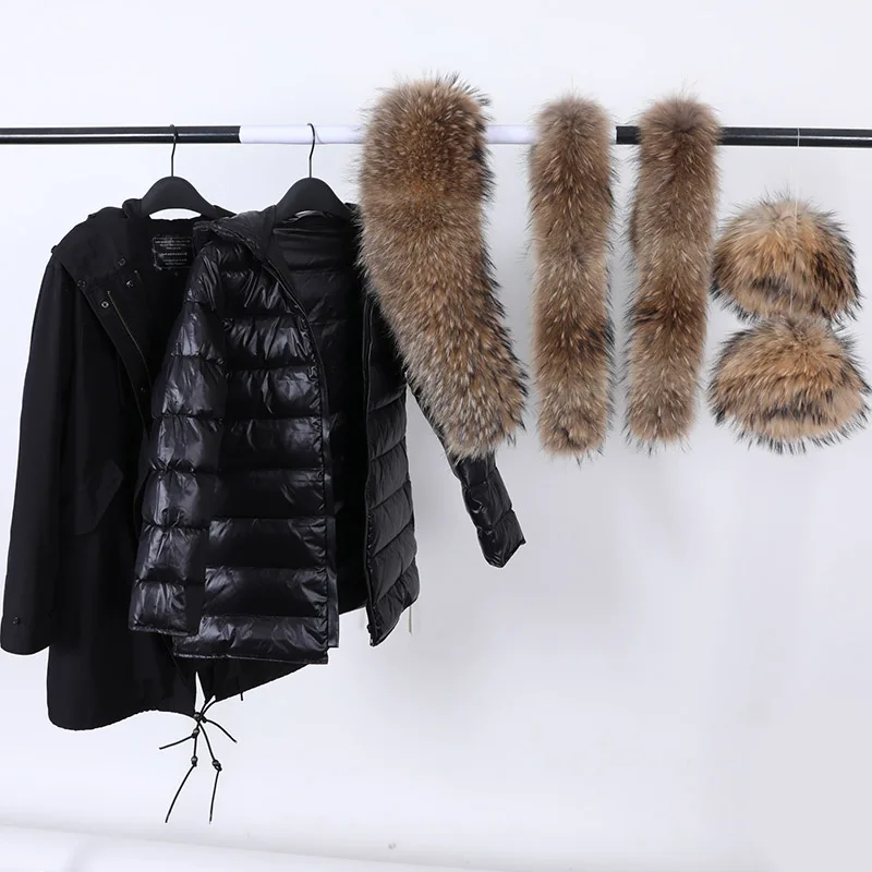 MAOMAOKONG 2022 Winter Hooded Thick Natural Real Raccoon Fur Collar Placket with Cuffs Down Jacket Woman Parkas Long Puffer Coat images - 6
