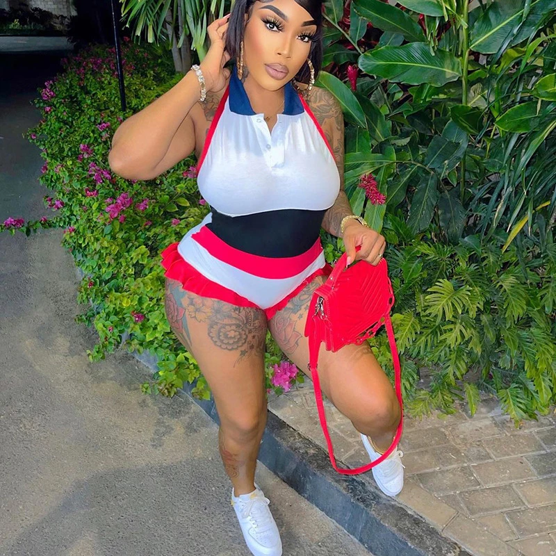 

Женский комбинезон без рукавов, повседневный кружевной комбинезон контрастных цветов с воротником-поло, лето 2022