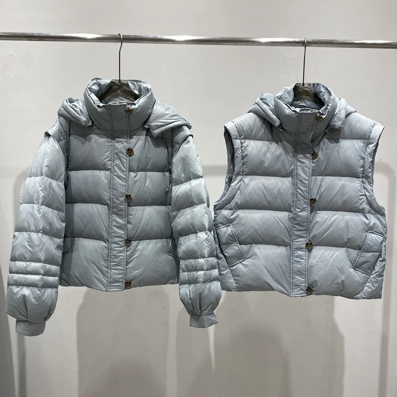 Detachable Sleeves Short Down Jacket Women 2022 New Thicker Loose Bread Jacket Two-wear Vest Jacket