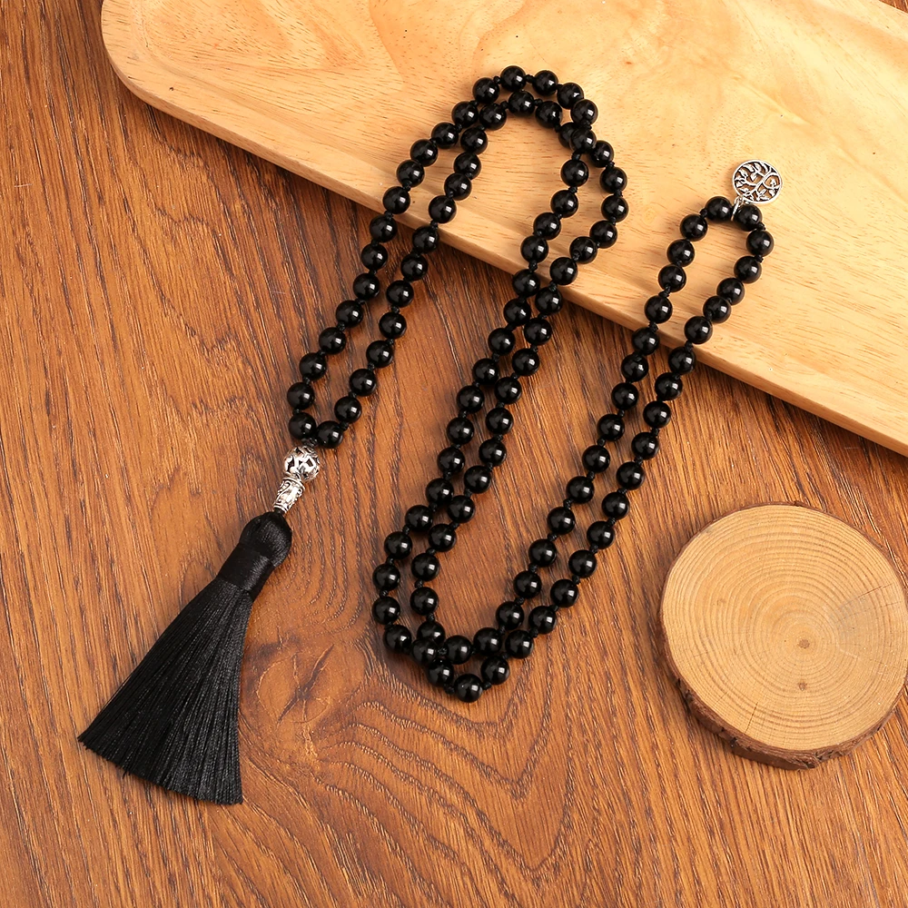 

8mm Black Onyx Knotted 108 Mala Beads Necklace Meditation Yoga Prayer Japamala Rosary with Tassel Silver Tree of Life Pendant