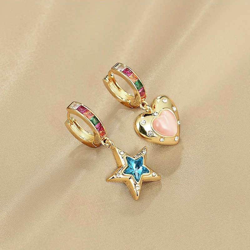 

European And American Fashion Classic Luxury Asymmetric Retro Pink Opal Heart-Shaped Earrings Women Jewelry Party Gift