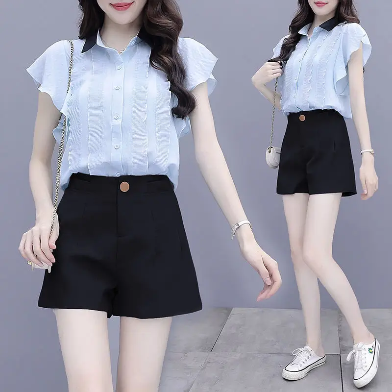 

Женские летние модные костюмы 2022, Женская однотонная блузка с коротким рукавом и свободные шорты с высокой талией, Женские повседневные ком...
