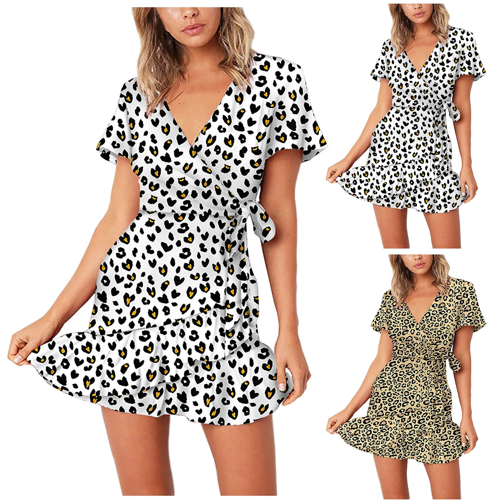 

Fashion Party Beach DressesWomen's Ruffle V-neck Dress Short-Sleeved Summer Lace-up Casual Women's Dress Little Lace Dress