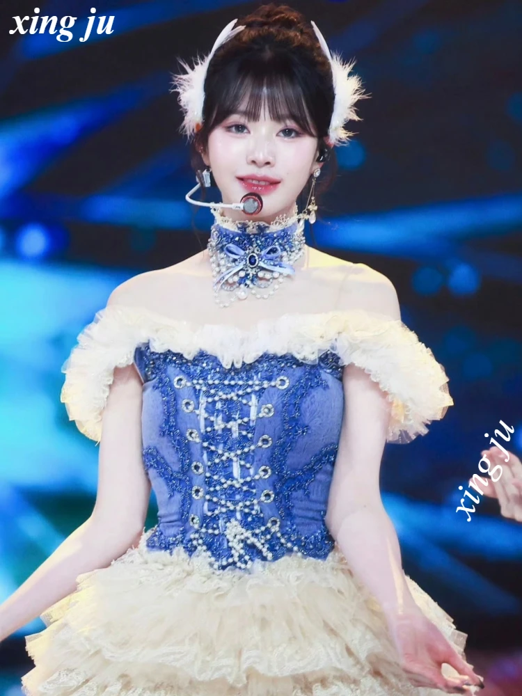 Фото Певица Kpop сценический танец без бретелек короткое платье принцессы женское групповое концертное джазовое танцевальное костюм фестивали одежда для выступлений №4