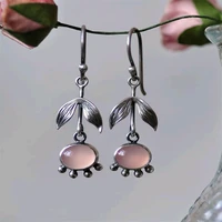 2022 new carved leaf opal earrings european and american retro pink moonstone personality earrings high quality jewelry