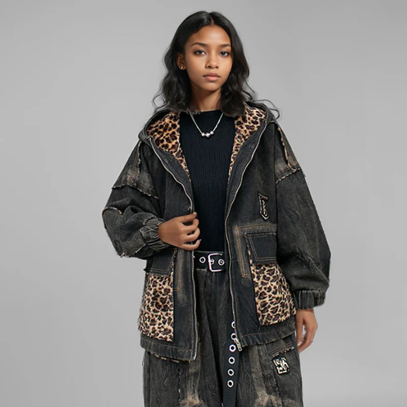 WTHT модное новое женское джинсовое хлопковое пальто с леопардовым принтом 2024