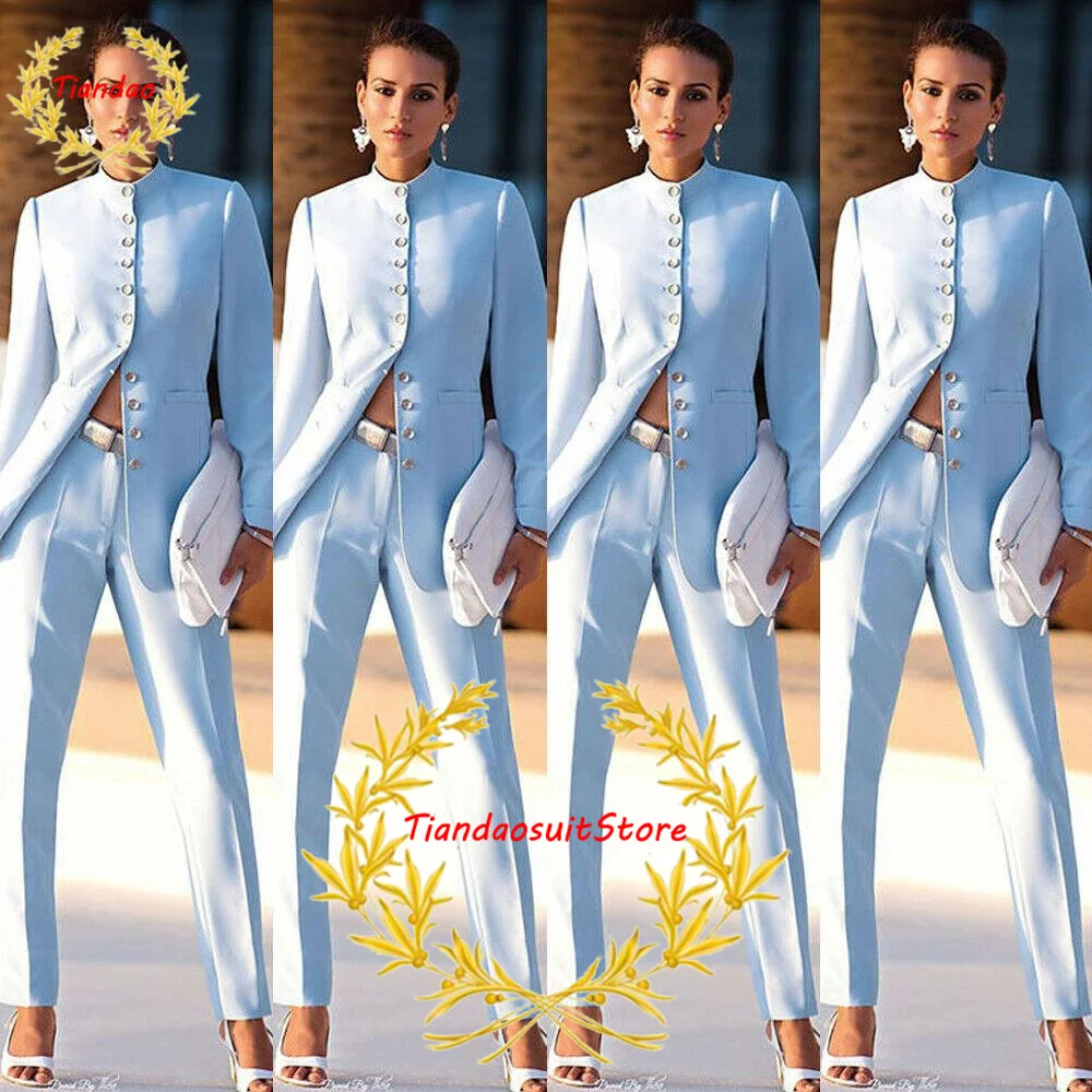 Fashion Women's Suit 2 Piece Single Breasted Jacket Pants Formal Workwear Sky Blue Wedding Tuxedo Stand Collar Slim Fit Blazer