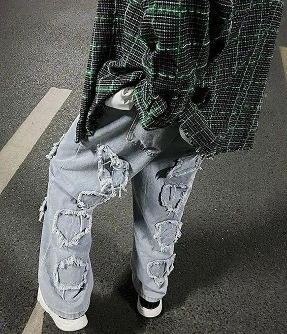 Men's Jeans Retro Big Hole Jeans Men's Loose Big Pocket Straight Pants