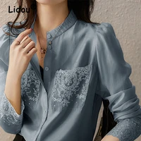 harajuku style lace blue chiffon shirt crew neck open stitch blouse 2022 summer elegant professional solid color shirt for women