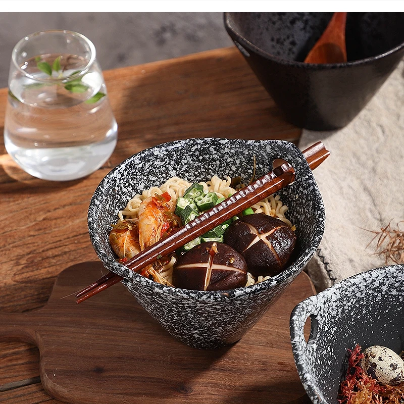 Japanese Art Retro Ceramic Binaural Bowl Minimalist Home Salad Soup Noodle Dessert Hotel Restaurant Kitchen Tableware 500ml