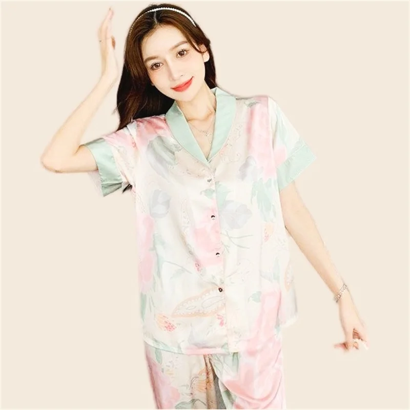 Pajamas For Women Rayon Pajama Pants Sexy Flower Print Nighty Short Sleeve T-Shirt Long Pants 2Piece/Set Homewear Cozy Big Size