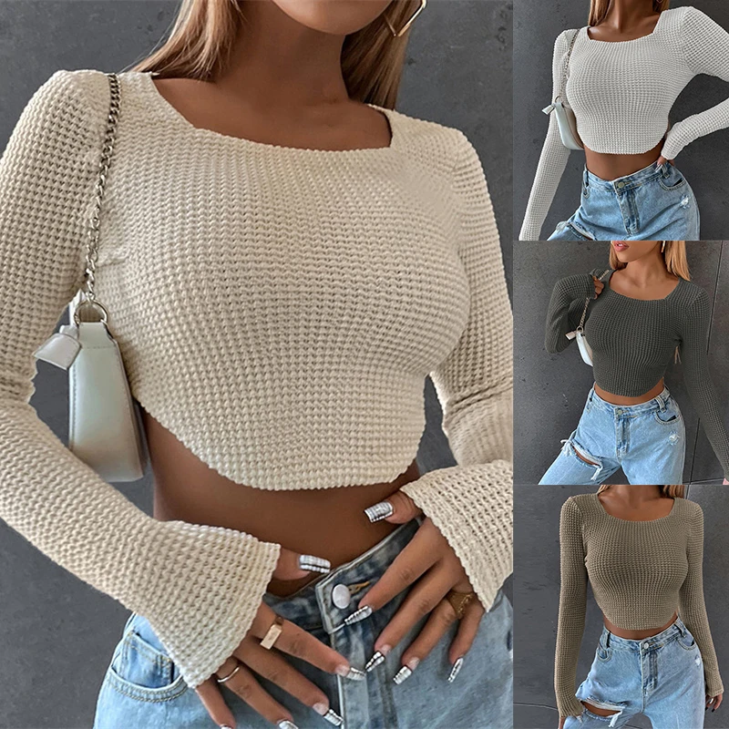 

Sexy Long Sleeve Stitch T Shirt Women Streetwear Y2k Clothes Knit Crop Top Korean Fashion Spring Autumn Short Skinny Tshirt 2023