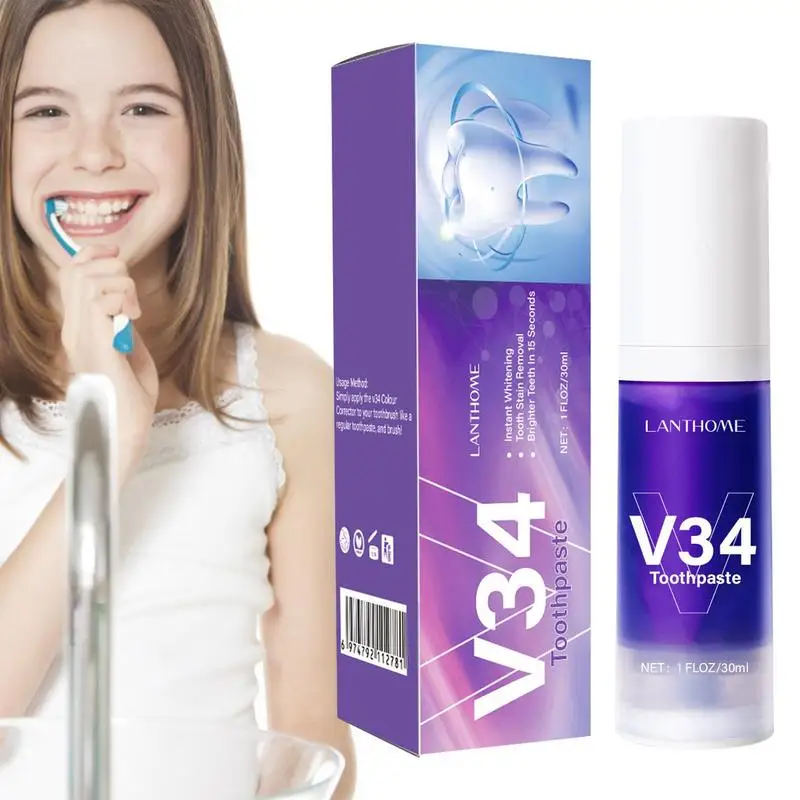 

Зубная паста V34 для отбеливания зубов, отбеливающая эмалированная зубная паста фиолетового цвета, пена для удаления пятен, 30 мл