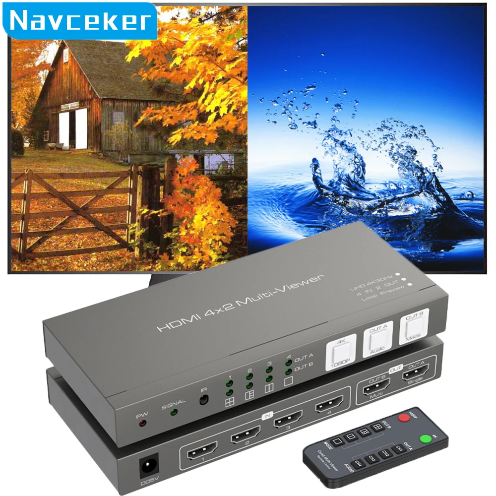 Переключатель Navceker HDMI 4x2, 4K бесшовный четырехэкранный разветвитель, 4 в 2 выхода, HDMI переключатель, ИК для ПК