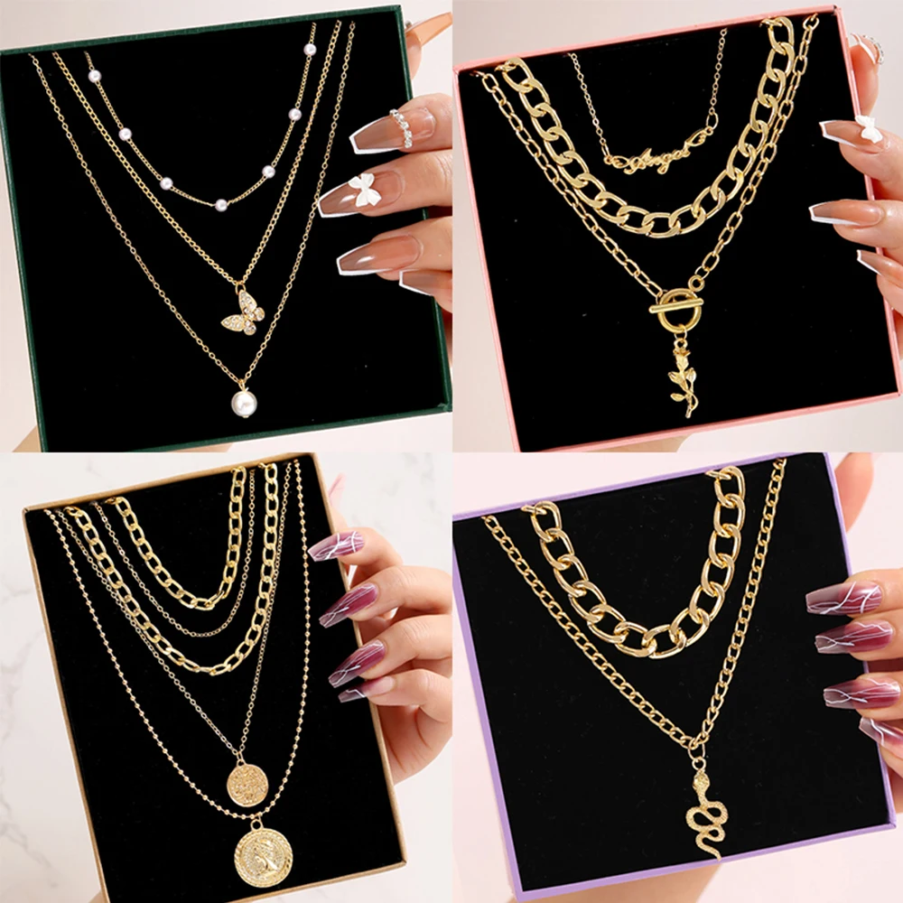 

17KM Vintage Gold Multilayered Coin Chain Necklace For Women Men Punk Butterfly Chunky Chain Necklace Party Trendy Jewelry