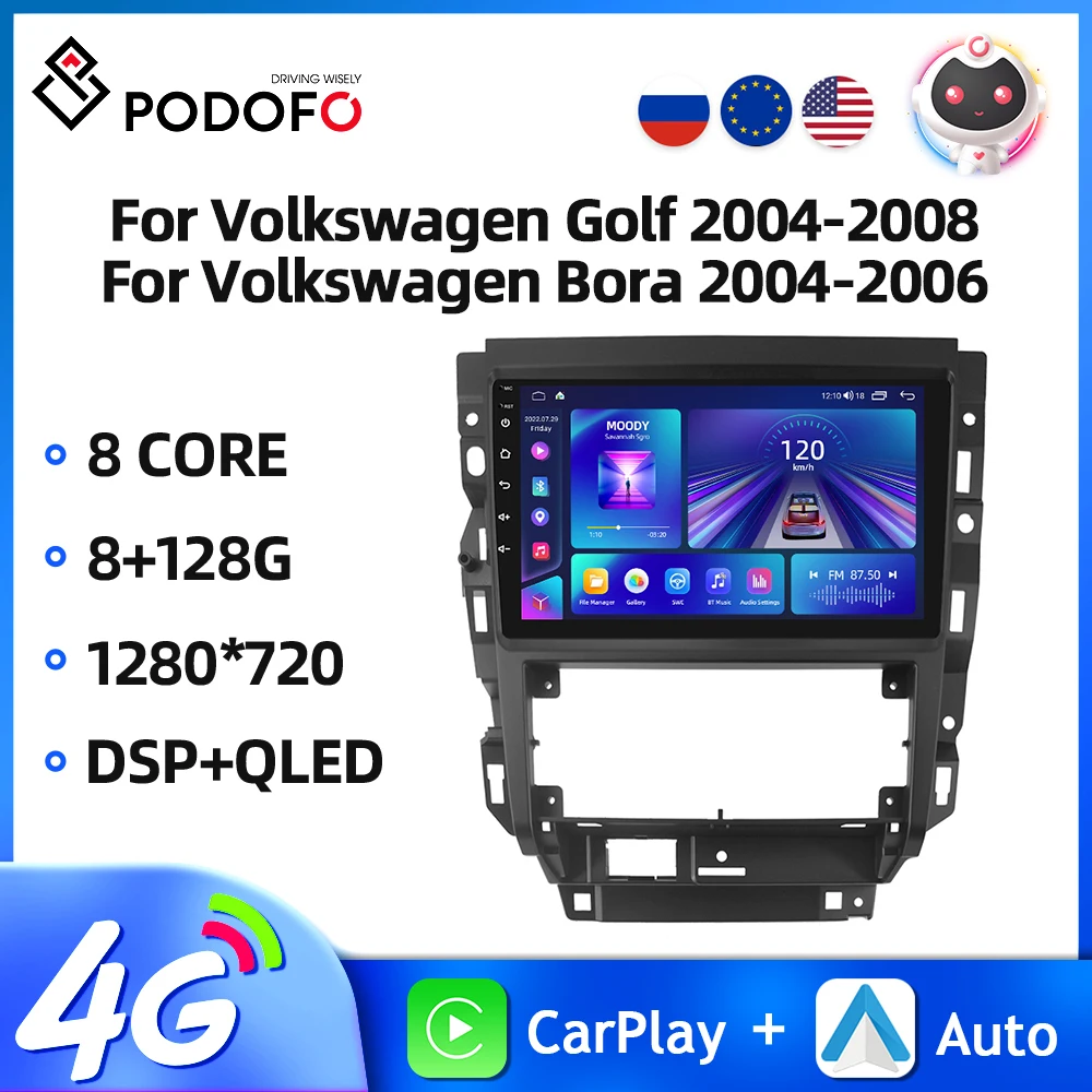 

Автомагнитола Podofo, 9 дюймов, Android, для Volkswagen Golf 2004-2008/Bora 2004-2006, 8 ядер, 8 + 128 ГГц, Wi-Fi, Carplay Auto