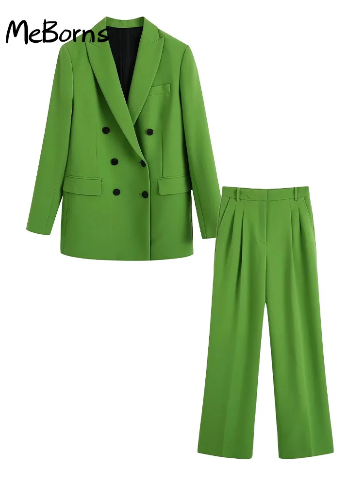 

2022 Woman Casual Traf Blazer Suits Spring Double Breasted Long Sleeve Green Coats + Straight Pants Office Lady 2 Piece Sets