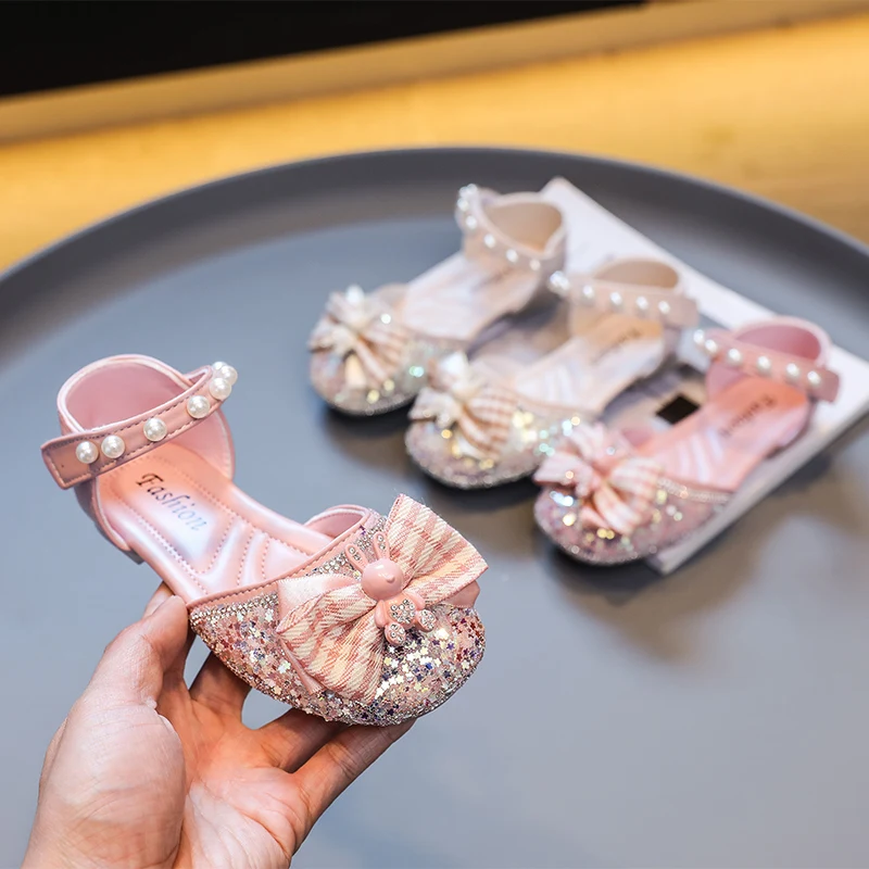 

Сандалии для девочек, детские универсальные туфли с блестками, бантом и жемчугом в виде кролика, милые туфли принцессы, детская обувь Мэри Джейн, искусственная кожа для свадебных шоу