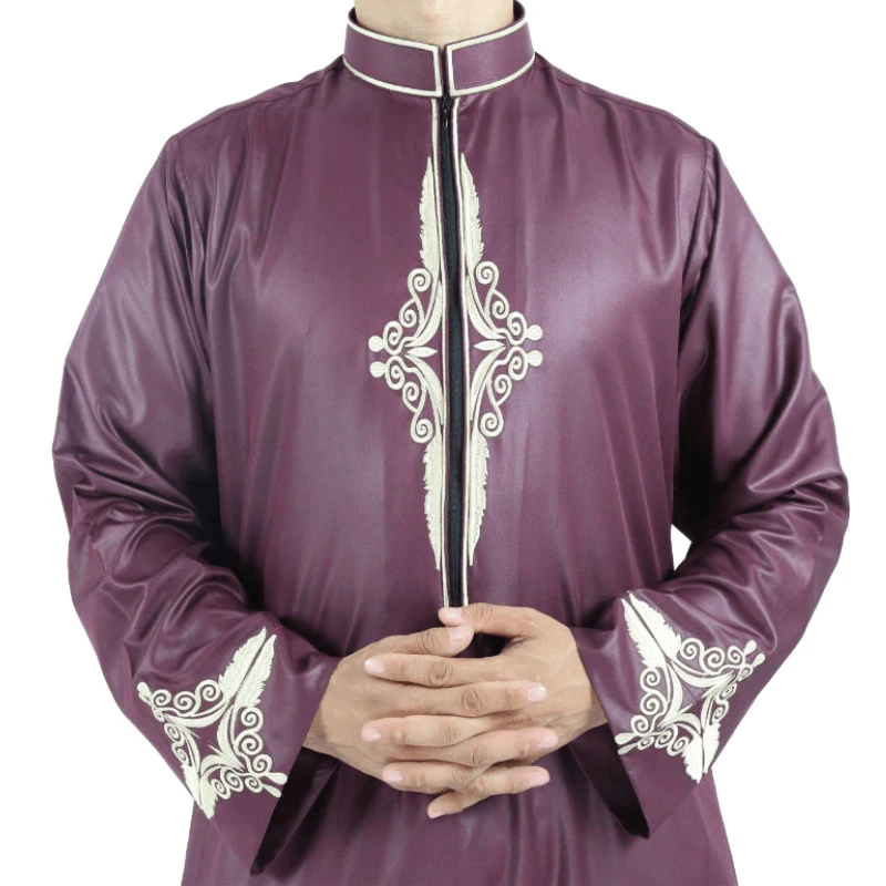 2022 Best Selling Muslim Men'S Islamic Kaftan Arabic Embroidered Long Sleeve Stand Collar Retro Shiny Rob Мусилманские Одежда Му