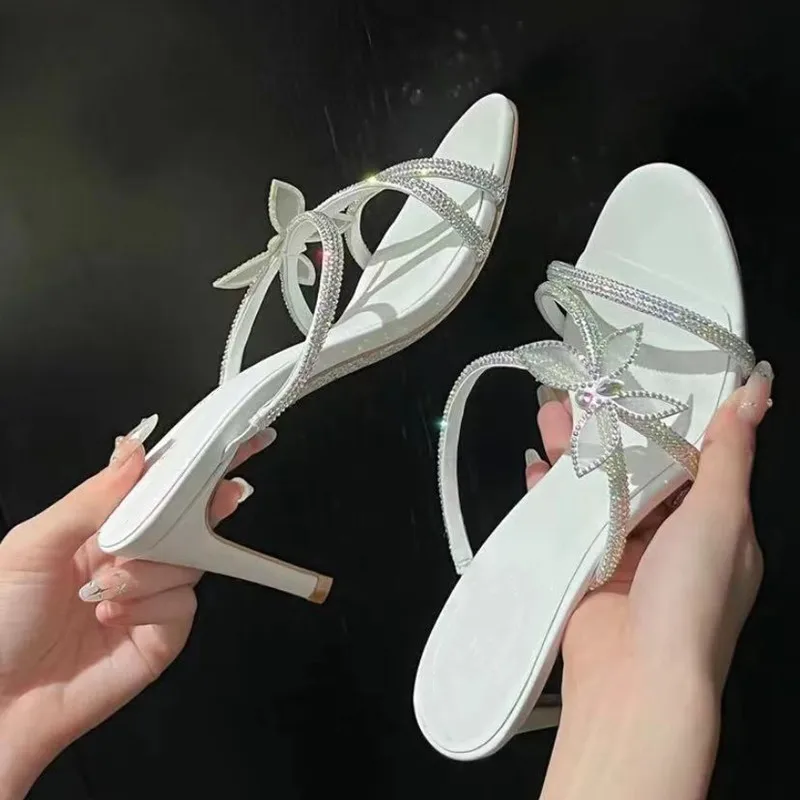 Light Luxury Rhinestone Bowknot Pumps 2023 Spring Summer New Women's Super High-Heeled Brand Round Head Sequin Stiletto Sandals