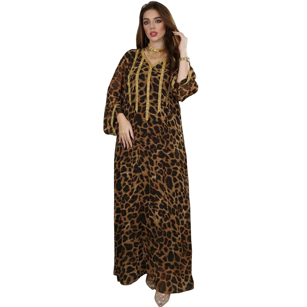 2023 New Printed Leopard Print Brown Hot Diamond Women's Long Dress Middle Eastern Fashion Arab Muslim Dress
