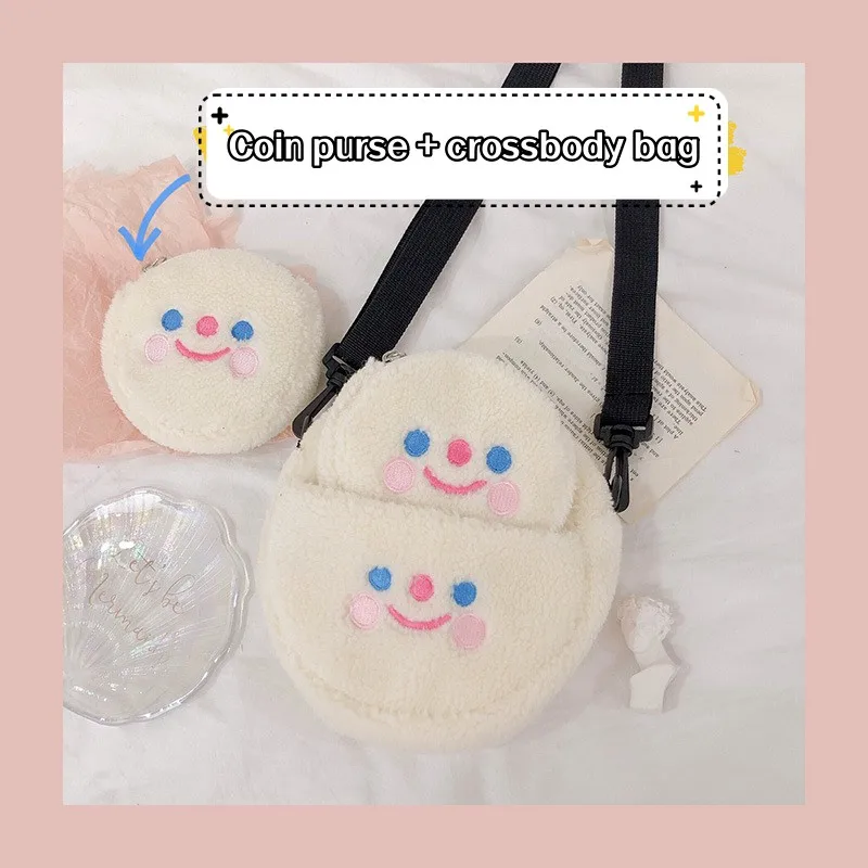 

2022 Cute Clouds Smiling Face Cross Body Bag Embroidered Lamb Feather Circle Purse Portable Storage Bag
