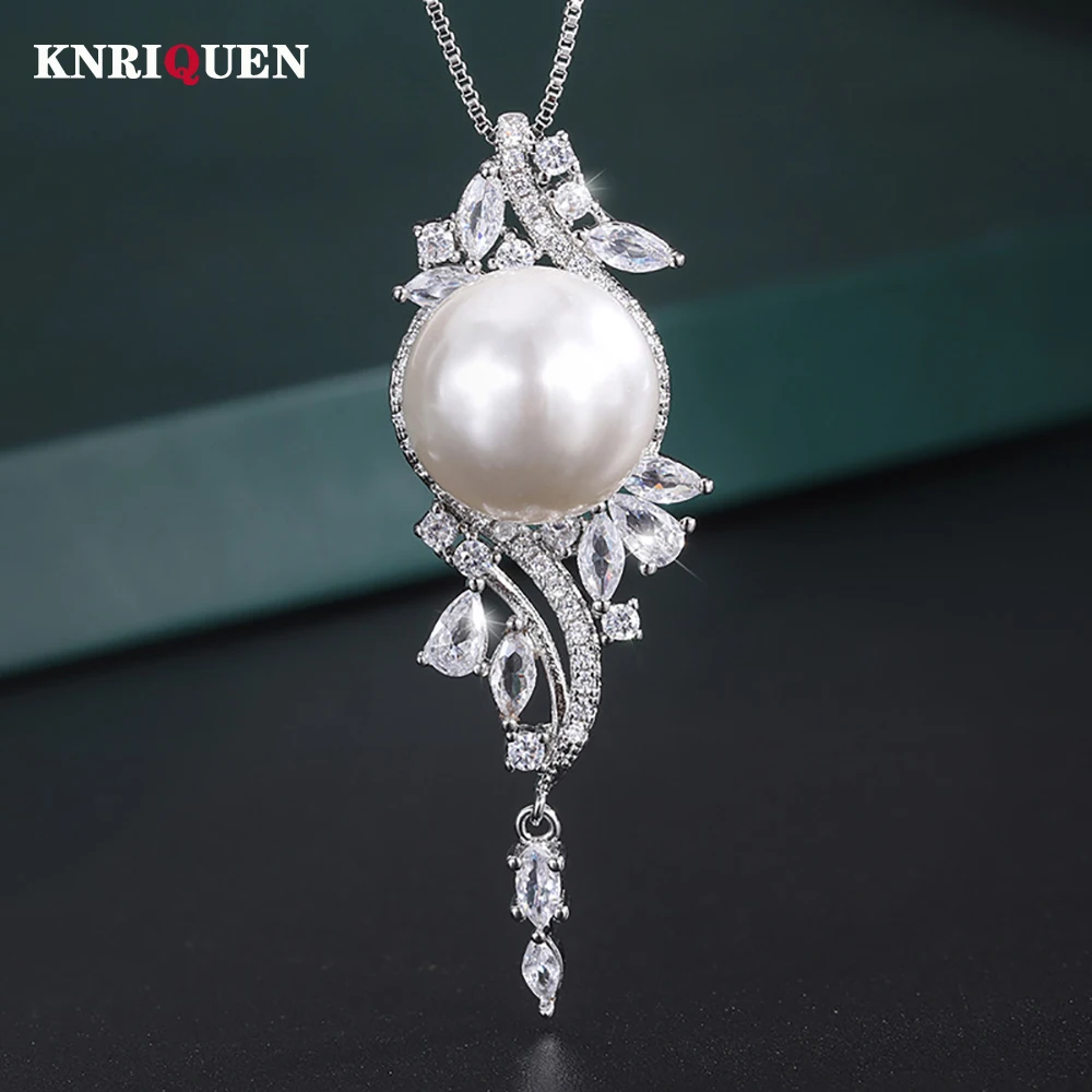 2022 Charms 14mm Black White Big Pearl Pendant Chains Necklace for Women Lab Diamonds Luxury Anniversary Gift Party Fine Jewelry