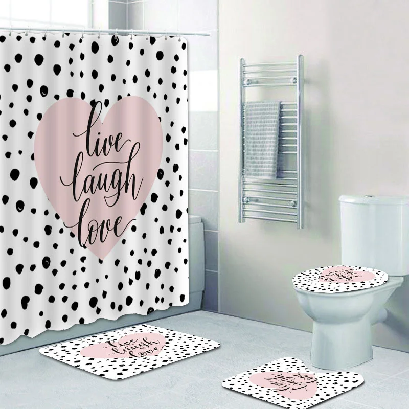 

Stylish Live Laugh Love Quote Shower Curtain Set Polka Dots Pastel Pink Heart Bath Curtains for Bathroom Mats Rugs Carpet Decor