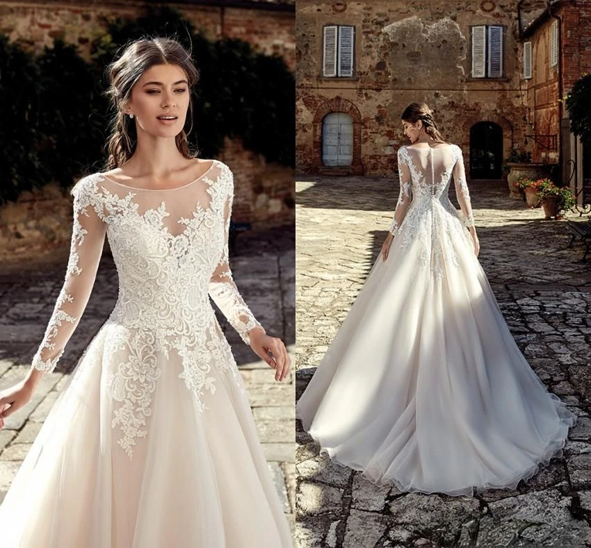 

New Designed Country Boho Wedding Dresses Summer Garden A Line Sheer Scoop Neck Appliques Long Bridal Gowns 36