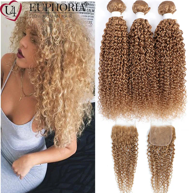 

Blonde #27 Kinky Curly Bundles With 4x4 Lace Closure Brazilian Remy Human Hair 30 33 Brown 3 Bundles With Closure Euphoria