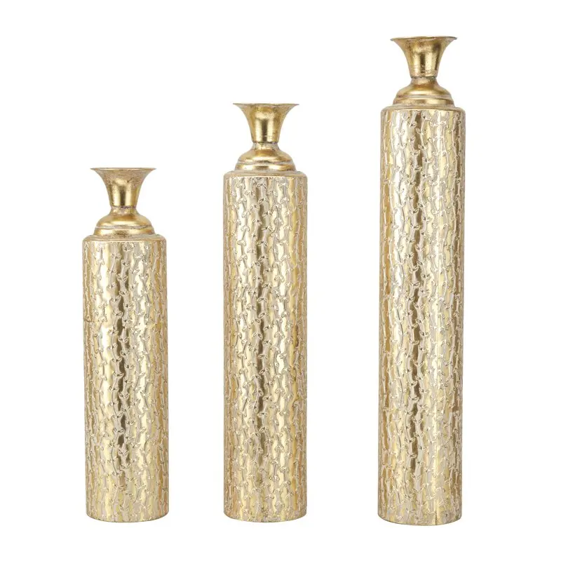 

34", 29", 25"H Tall Distressed Metallic Gold Metal Vase with Growing Vine Pattern, Set of 3