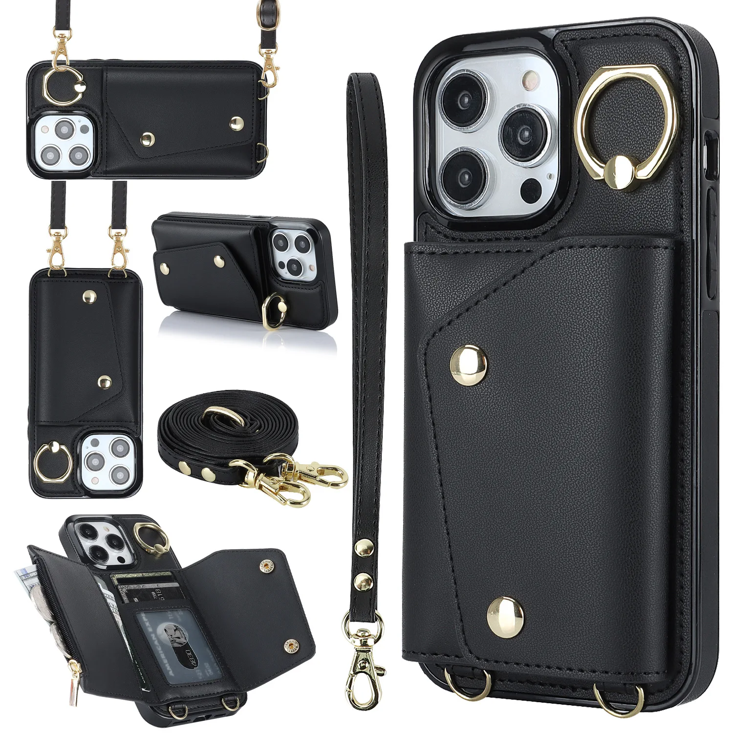 

Wallet Shoulder Strap Phone Case for iPhone 15 Pro Max 14 7 8Plus 13 12 11 Pro XS XR Lady Leather Card Pocket Lanyard Back Cover