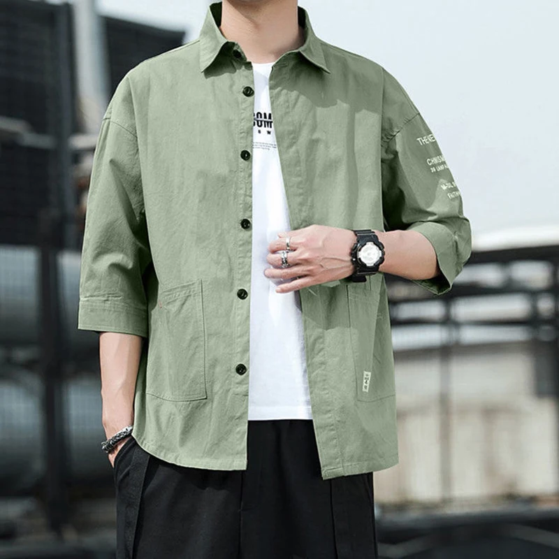 

Autumn Men's Long Sleeve Work Shirts Cotton Relaxed Fit Tactical Shirts With Pockets High Street Button Down Solid Military Tops