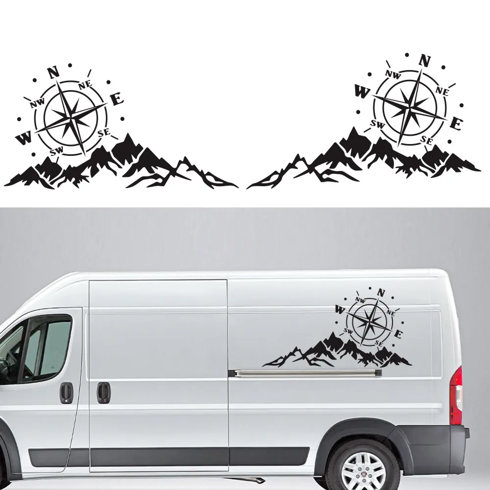 

Car sticker 2PCS mountain adventurer compass graphic decoration RV camping door waistline PVC waterproof and sunscreen 50CM