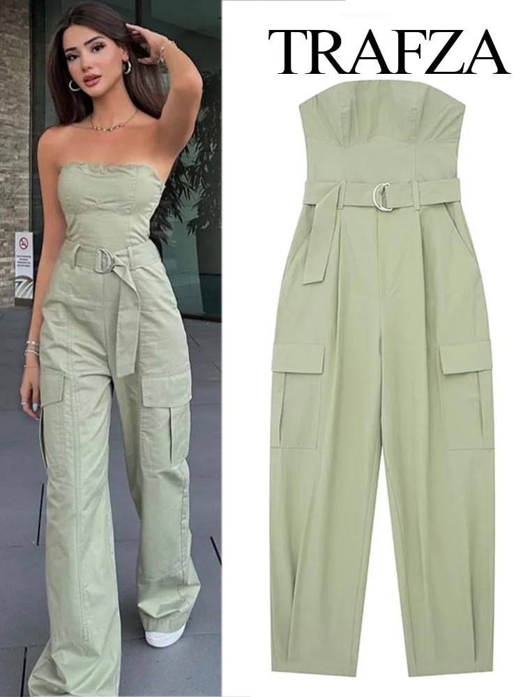 

TRAFZA Women 2023 New Fashion Summer Y2K Harajuku Loose Chic Sashes Sleeveless Green Top Cargo Pant Female Jumpsuits Clothing