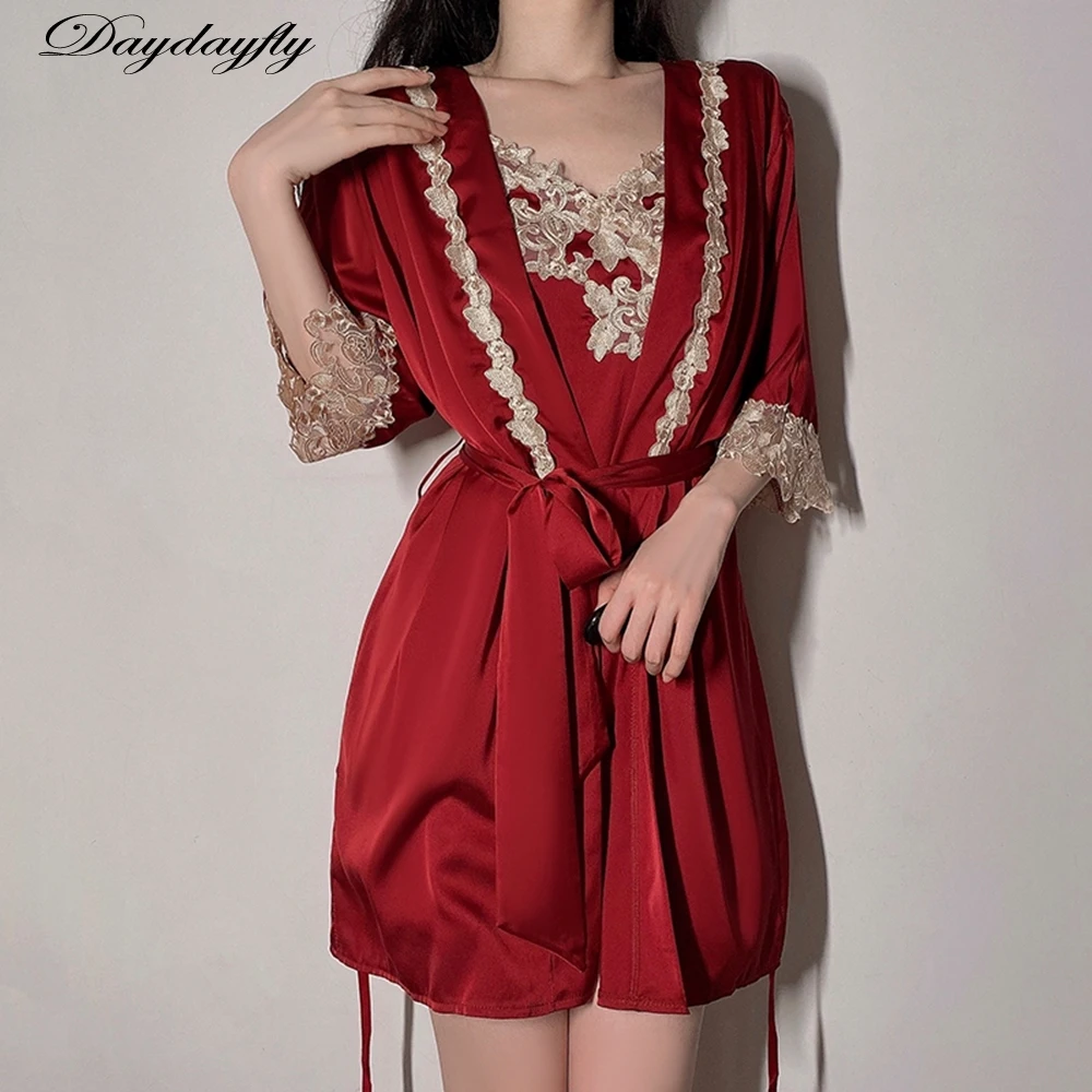 Women Robe Pajamas Faux Silk Sleepwear Comfortable Homewear Clothes Embroidered Lace Bath Gown Wedding Nightwear with Belt Sets