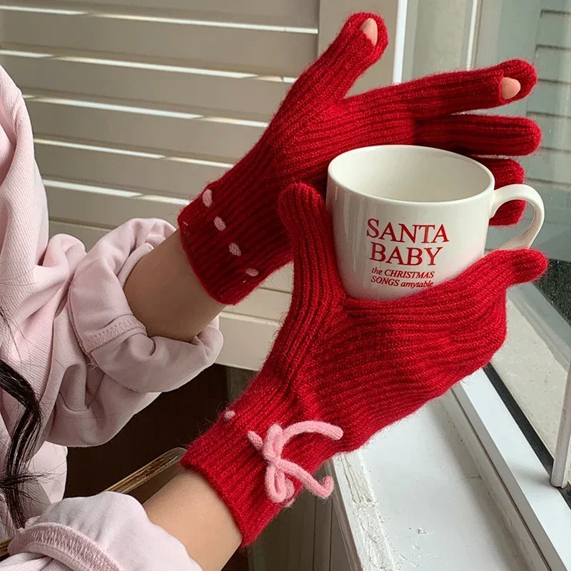 Трикотажные зимние теплые перчатки для сенсорного экрана в стиле флуоресцентной