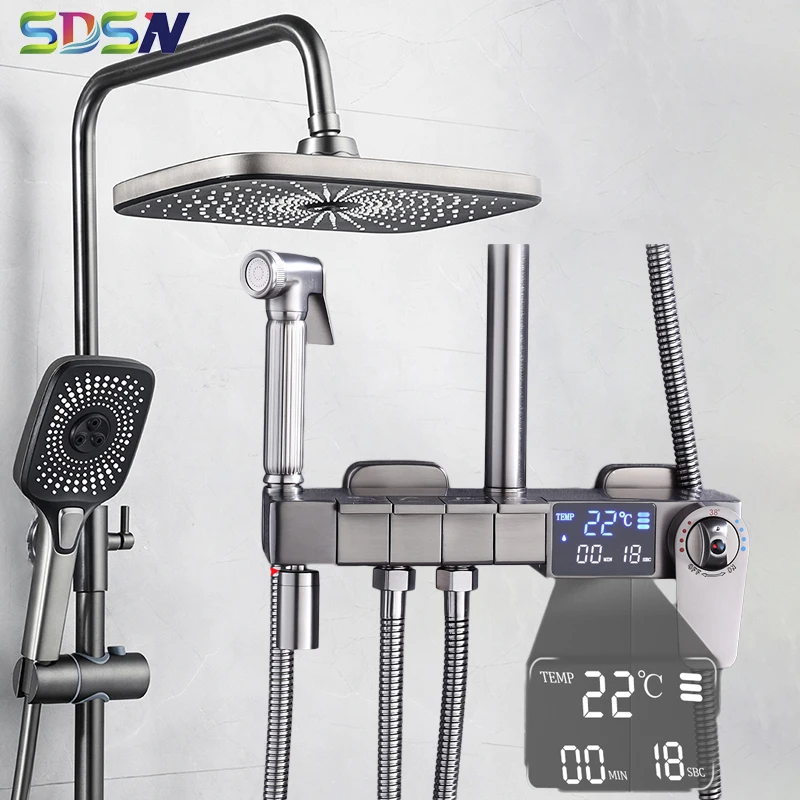 

Grey Digital Piano Shower System Quality Brass Bathtub Faucet Hot Cold Bathroom Mixer Tap Luxury Piano Thermostatic Shower Set