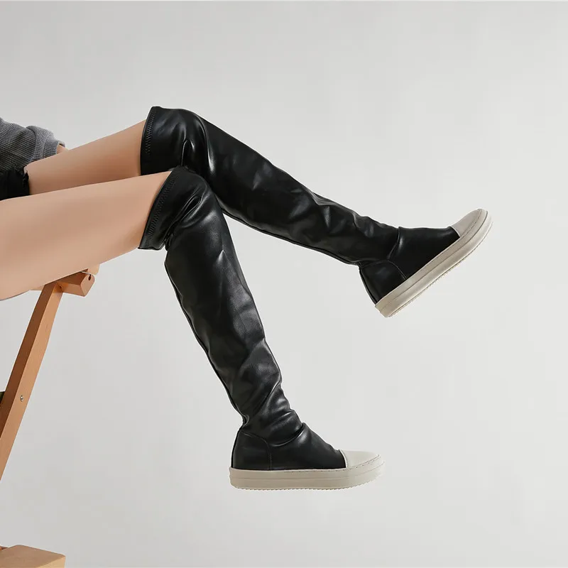 

Женские длинные сапоги, Осень-зима 2022, сапоги до колена большого размера, универсальные простые теплые эластичные ботинки с бархатной подкл...