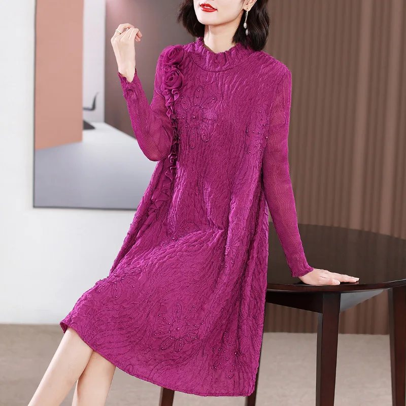

Dress For Women 45-75kg High Quality Miyake Pleated Clothing Fashion Beading Long Sleeved Stretch Loose A-Line Knee Length