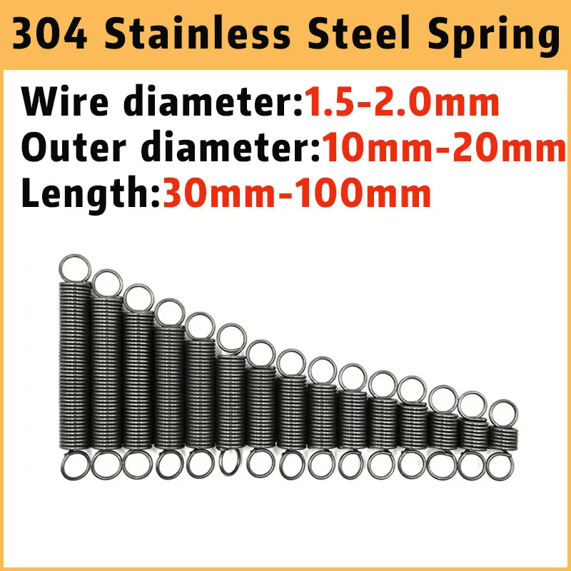 

304 Stainless Steel Wire Diameter 1.5-2.0mm Round Hook Extension Spring Outer Dia 10-20mm Length 30-100mm Tension Spring