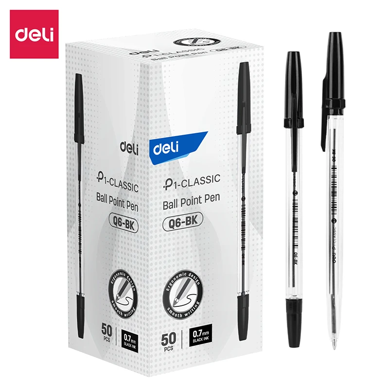 Deli 50pcs/Box Plugged Ball Point Pen 0.7mm Black Ink Writing Tool EQ6-BK
