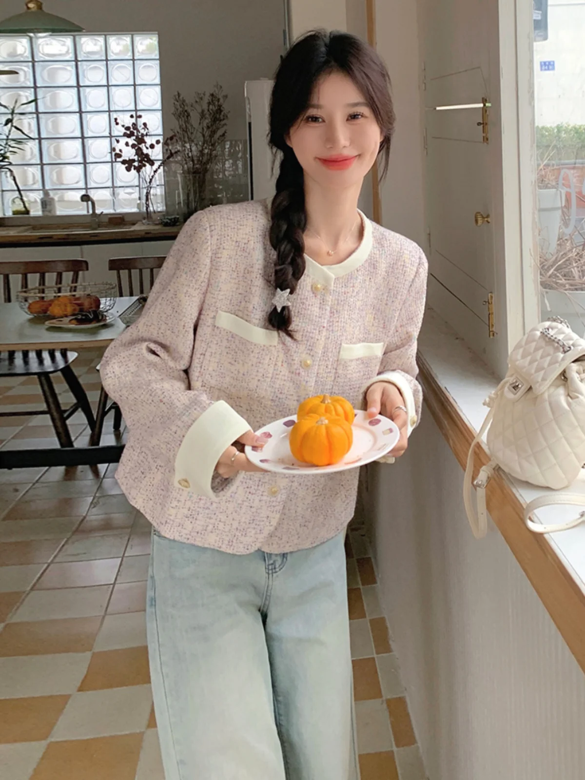 Розовая изящная верхняя одежда с круглым вырезом женская весенне-осенняя