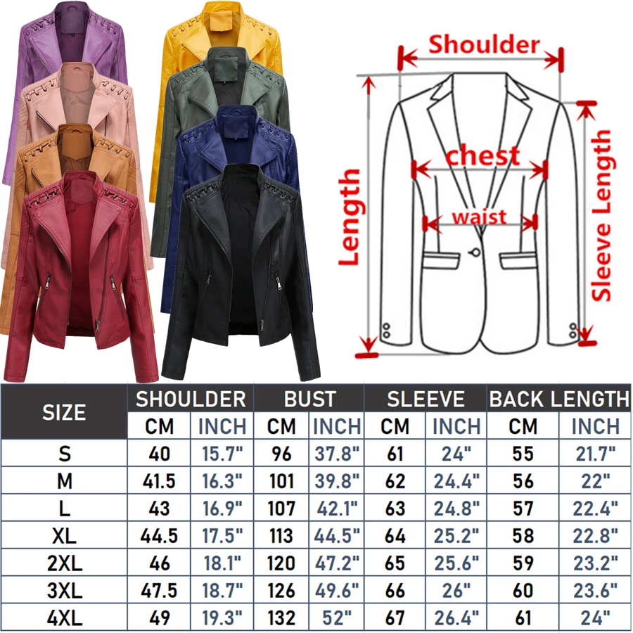 12 Color PU Jacket Women's Lapel Zip-up Overcoat Women Leather Jacket S-4XL Red Purple Black Coat Female Outerwear Blue Yellow images - 6
