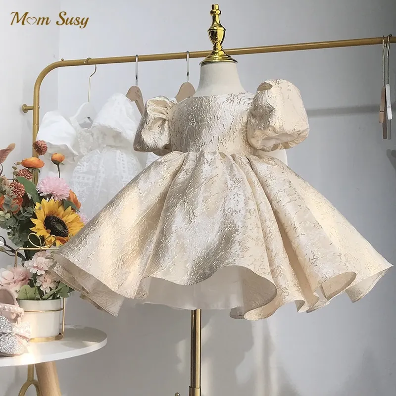 Baby Girl Princess Dress Puff Sleeve Infant Toddler Teen Bow Vestido Gold Party Birthday Ball Gown Xmas Baby Clothes 1-14Y