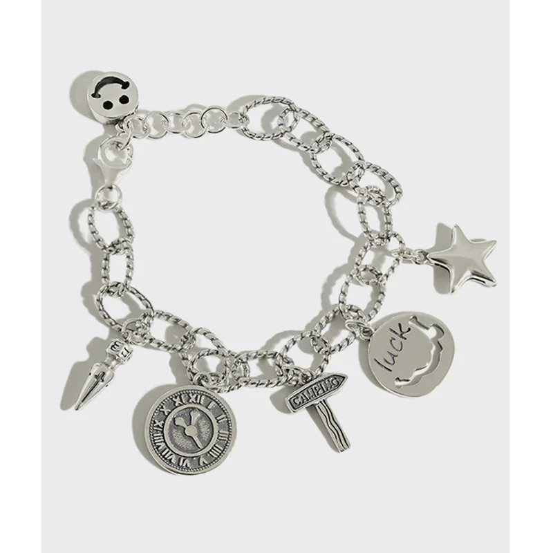 Тяжелые браслеты из серебра 925 пробы женский браслет с амулетами на удачу