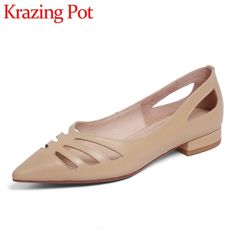 

Krazing Pot New Genuine Leather Low Heel Pointed Toe Simple Style Shallow Classic Office Lady Hollow Out Slip on Women Pumps L93