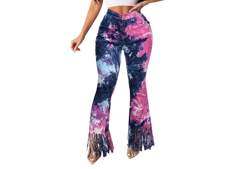 Women's 2023 Jeans Woman Lady Fashion Temperament Tie-Dye Tassel Micro-Flare Casual Pants