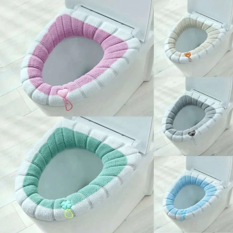 

Winter Warm Toilet Seat Cover Washable Bathroom Toilet Pad Cushion With Handle Thicker Soft Mat Knitting Warmer Closestool Mat